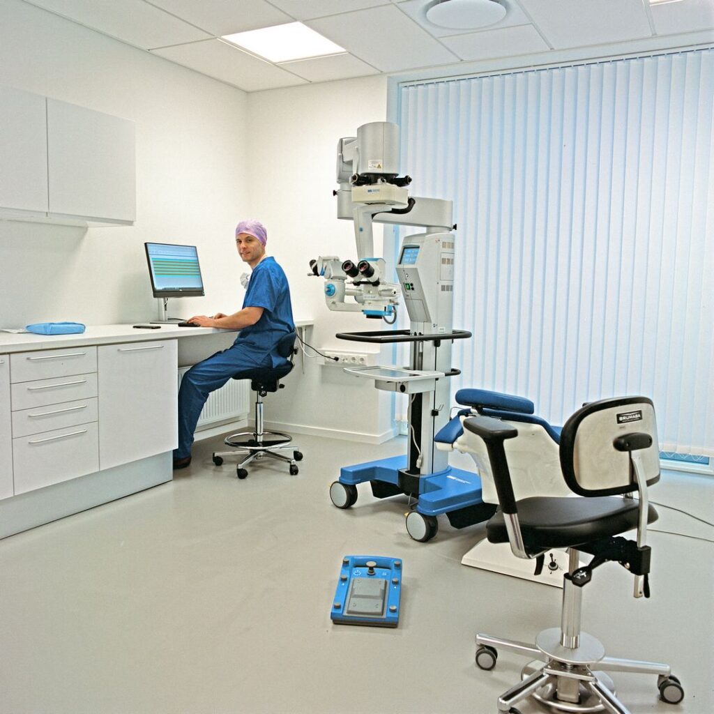 En øjenlæge specialiseret i grå stær operation, linseskift og øjenlågsoperation i operationsstuen på Øjenklinikken Syn